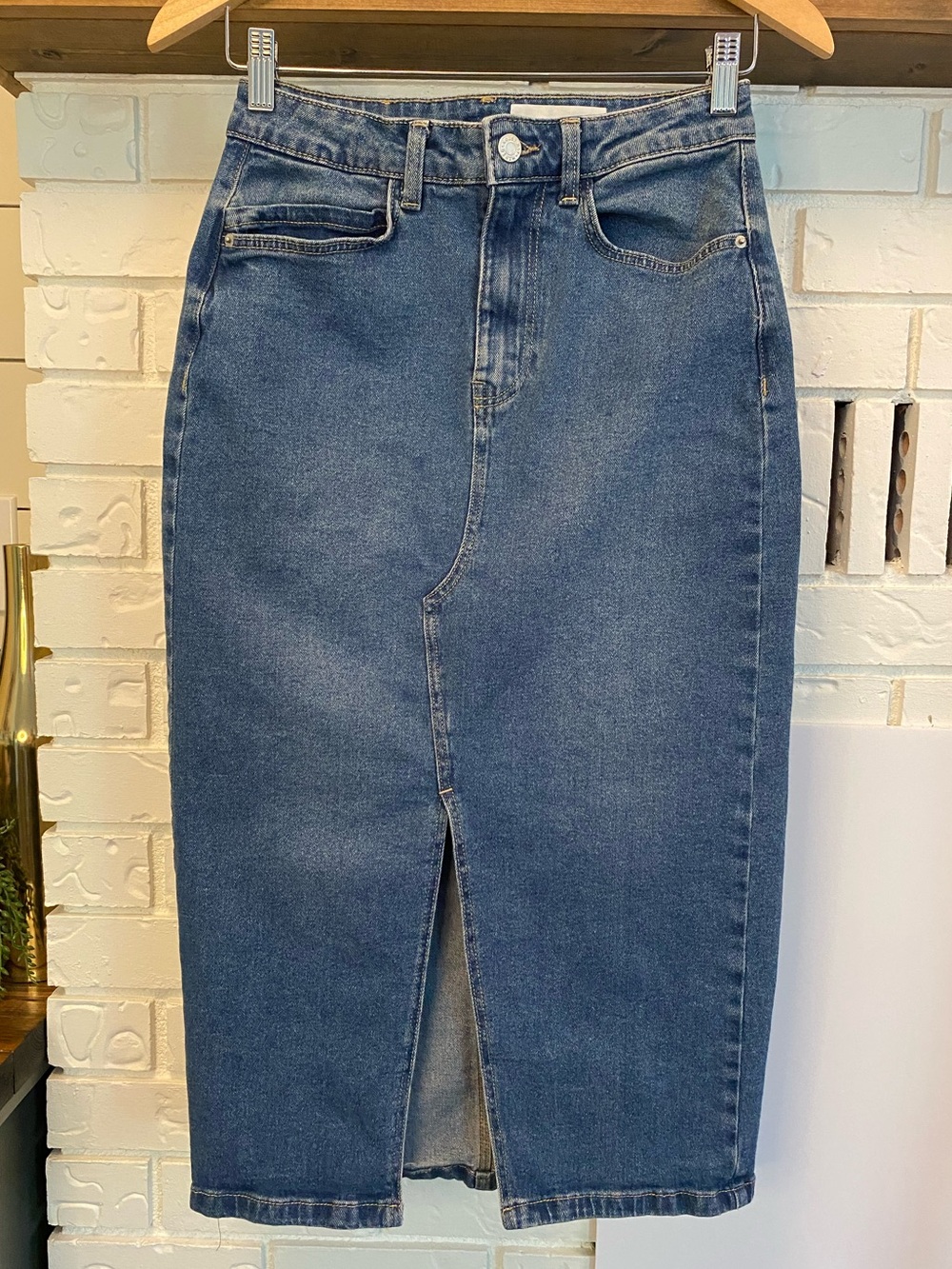 Noisy May Denim Midi Pencil Skirt Blue Front Slit Stretch Cotton Size Small